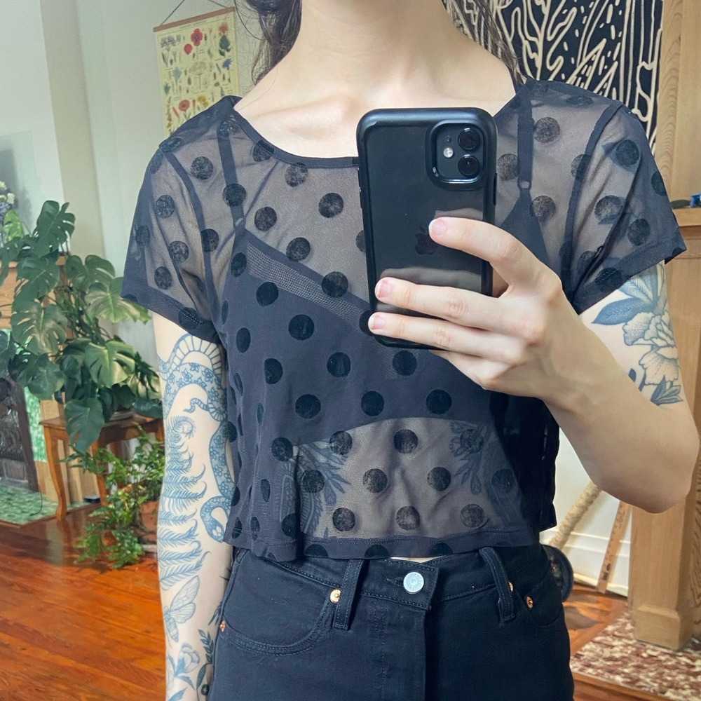 Black sheer polka dot top